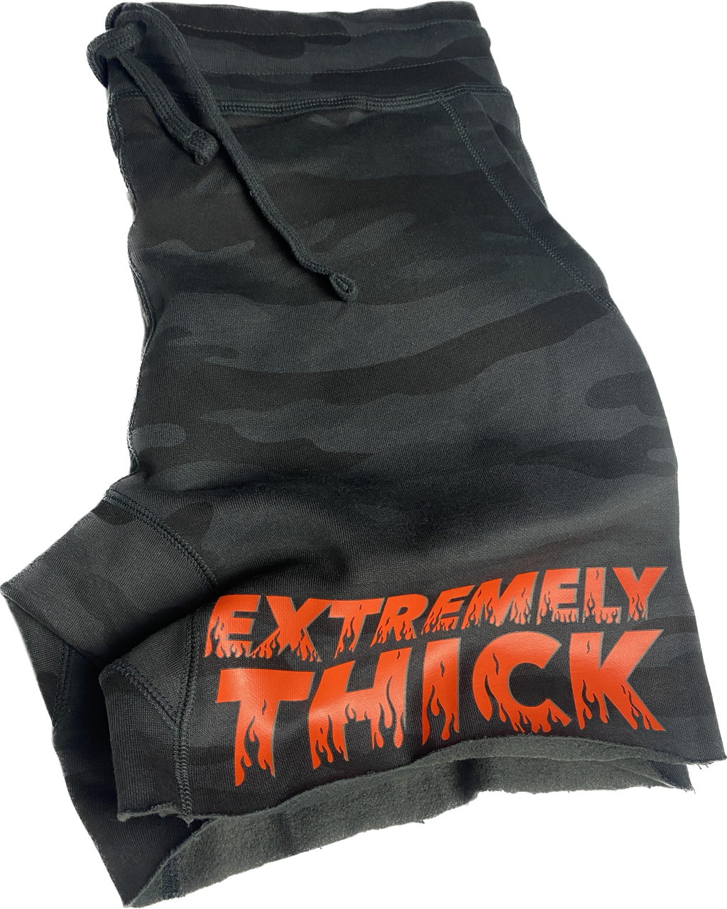 “EXTREMELY THICK” Black Camo Shorts