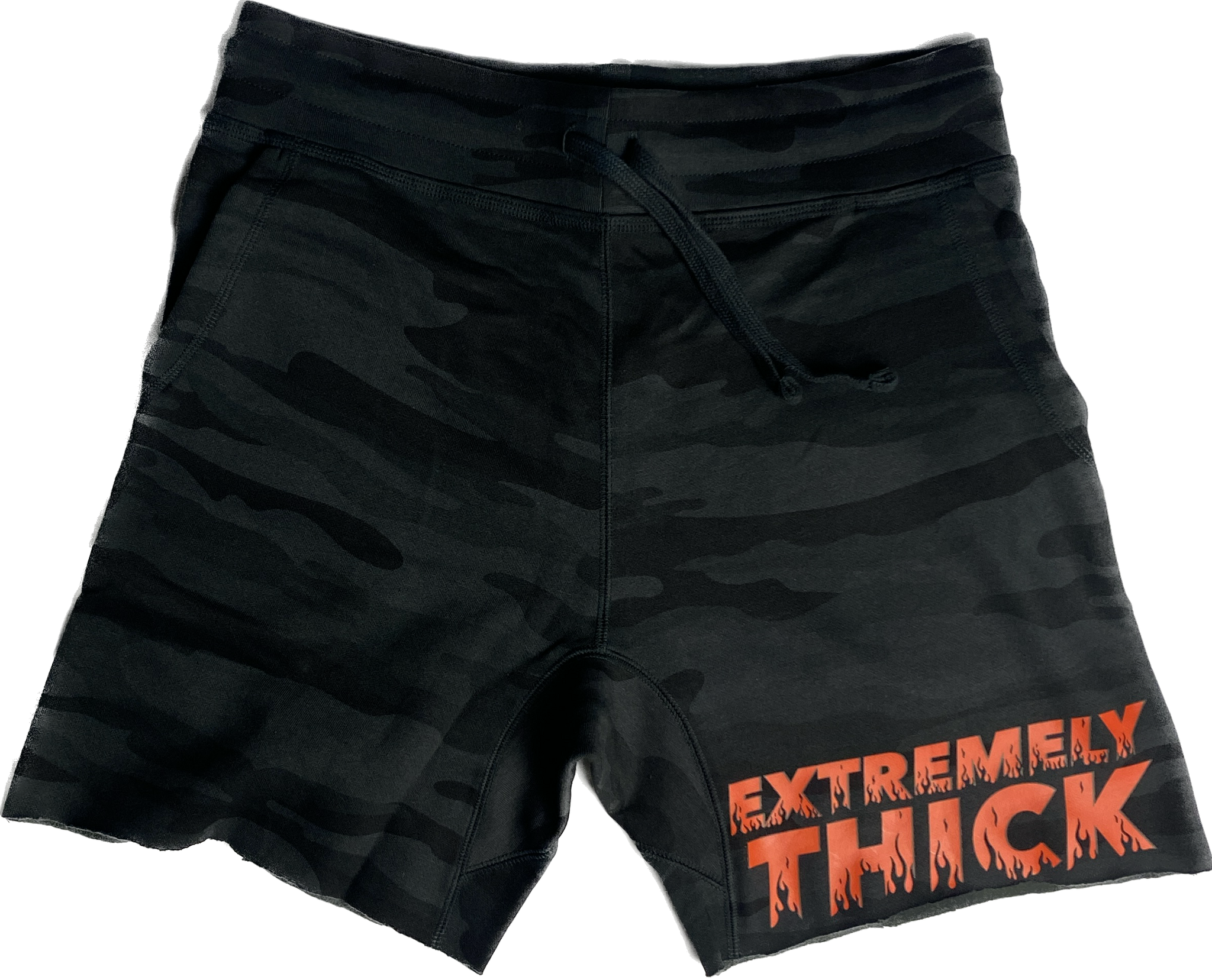 “EXTREMELY THICK” Black Camo Shorts