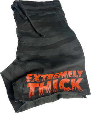 “EXTREMELY THICK” Black Camo Shorts